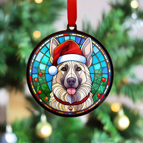 German Shepherd White in Santa Hat Suncatcher Decoration